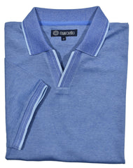 Folded blue polo shirt with white trim and 'marcello' label on a white background