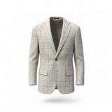 Plaid suit jacket on a mannequin against a white background