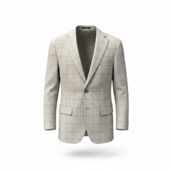 Plaid suit jacket on a mannequin against a white background