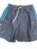 Blue shorts with turquoise stripes on a white background
