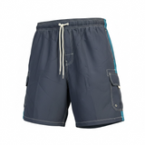 Navy blue shorts with white drawstring on a white background