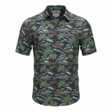 Short-sleeve shirt with tropical pattern on a white background