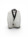 White tuxedo jacket with black lapels on a white background