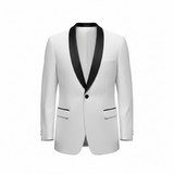 White tuxedo jacket with black lapels on a white background