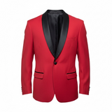 Red tuxedo jacket with black lapels on a white background