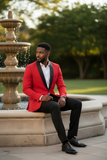 Man in a red suit sitting by a fountain in an outdoor setting