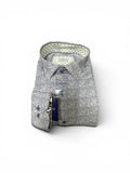 Folded gray and purple checkered shirt with a brand label on a white background