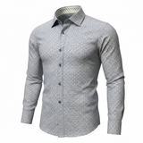 Gray and purple checkered shirt with button details on a white background