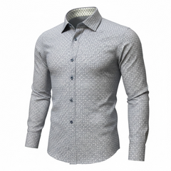 Gray and purple checkered shirt with button details on a white background