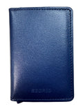 A dark blue leather wallet with 'SEGRID' debossed on the front, resting on a light-colored wooden surface.