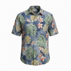 Short-sleeve shirt with tropical leaf and flower pattern on a blue background