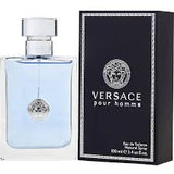 Versace pour homme perfume bottle and packaging on a white background