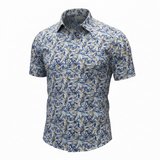 Short-sleeve shirt with blue and beige pattern on a white background
