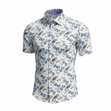 Short-sleeve shirt with floral pattern on a white background