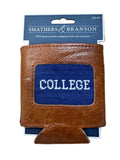 A brown leather needlepoint belt with a blue canvas patch reading 'COLLEGE' in white letters, attached to a blue Smathers & Branson retail card, placed on a light wood surface.