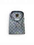 Folded blue and beige checkered shirt with a brand label on a white background