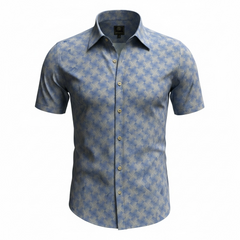 Blue patterned short-sleeve shirt on a white background
