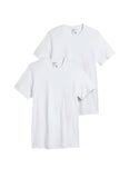 Two white t-shirts stacked on a light gray background