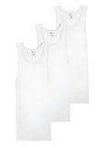 Three white tank tops stacked on a light gray background