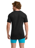 Man wearing a black t-shirt and blue shorts on a white background