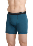 Teal boxer briefs with black waistband on a gray background