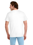 Man wearing a white t-shirt and light blue shorts on a plain background