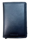 A black leather card holder wallet with white stitching and an embossed 'SECURED' logo, shown flat on a light wood grain surface.