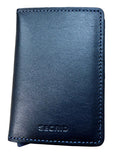 A dark navy blue leather wallet with visible contrast stitching and an embossed 'SEORID' logo, resting on a light wood grain surface.