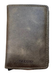 A dark brown leather bifold wallet with visible grain and 'SECRID' embossed on the bottom, resting on a light wood background.