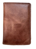 A brown leather card holder wallet with visible stitching and an embossed 'SECGRID' logo, placed on a light wood grain surface.