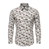 White shirt with brown pattern on a white background