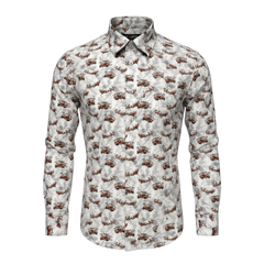 White shirt with brown pattern on a white background