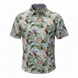 Short-sleeve shirt with tropical leaf and flower pattern on a white background