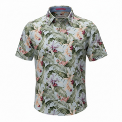 Short-sleeve shirt with tropical leaf and flower pattern on a white background