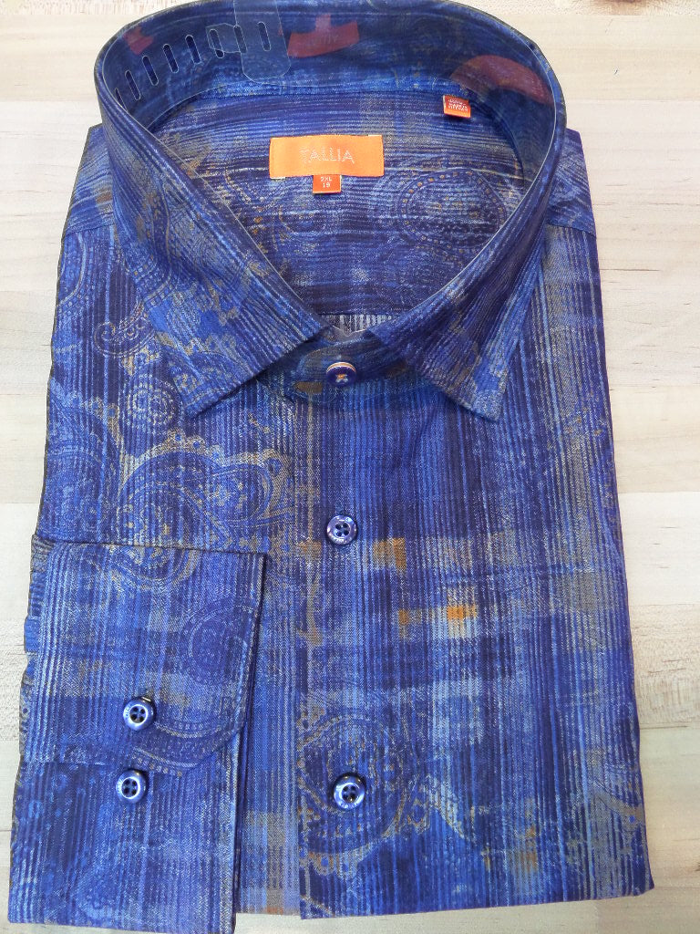 Tallia Navy Paisley Plaid Pattern Sports Shirt