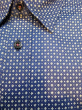 Great Performance, 100% Pure Cotton Whisper Weave NON-Iron Long Sleeve Sports Shirt with a Modern clean look. Navy with small white squares. close up veiw