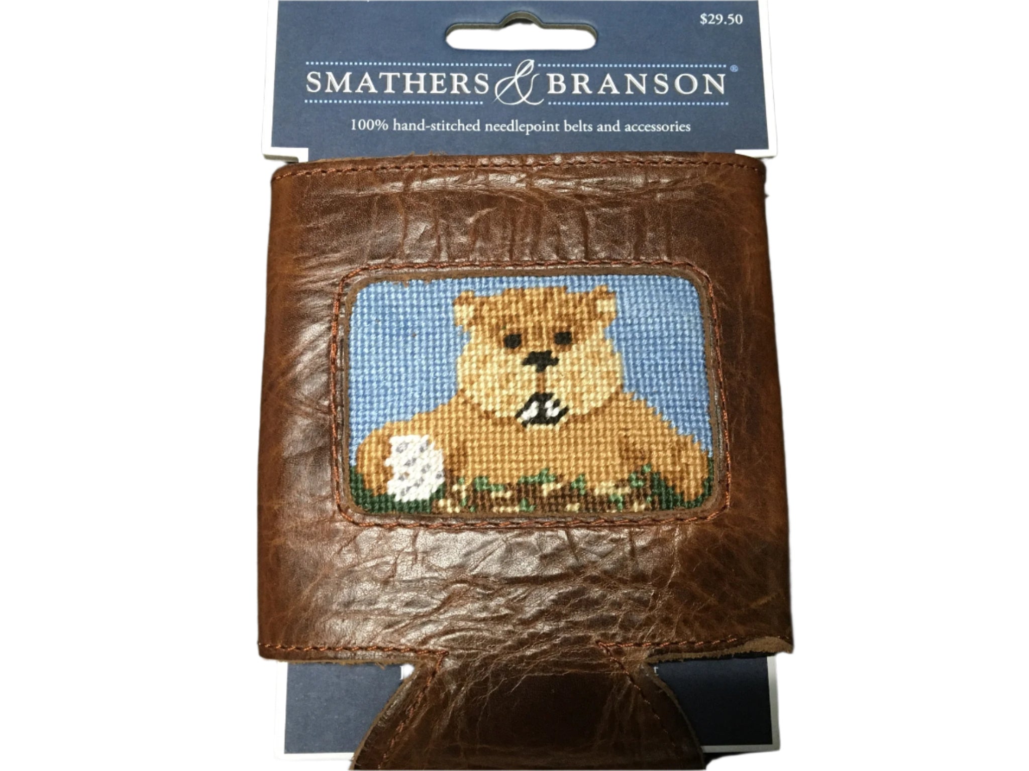 Smathers and Branson quality genuine leather Koozie with a Gopher golfer stitch work in front only at pensacola best mens clothing shop Lil Johns big and tall